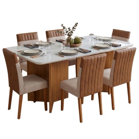 Conjunto Sala de Jantar Mesa 1,60m com Vidro 6 Cadeiras Montreal
