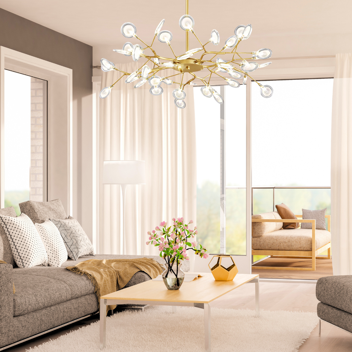 Lustre Teto 75cm Ramos de Árvore 30 Leds Luminária Metal Dourado Gimpo Ra-30-gold-lolli - 11