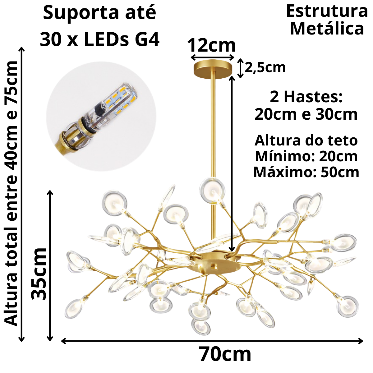 Ver imagem 6 de Lustre Teto 75cm Ramos de Árvore 30 Leds Luminária Metal Dourado Gimpo Ra-30-gold-lolli