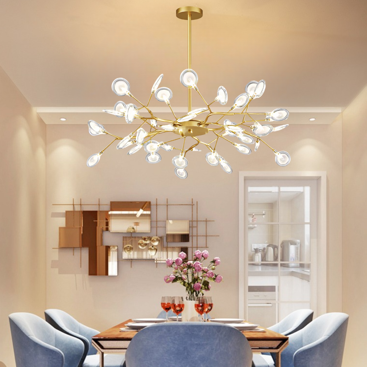 Ver imagem 2 de Lustre Teto 75cm Ramos de Árvore 30 Leds Luminária Metal Dourado Gimpo Ra-30-gold-lolli