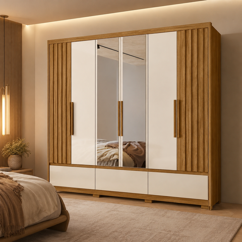 Guarda Roupa Amazonas 240cm 6 Portas Freijó Off White com Espelho Moval