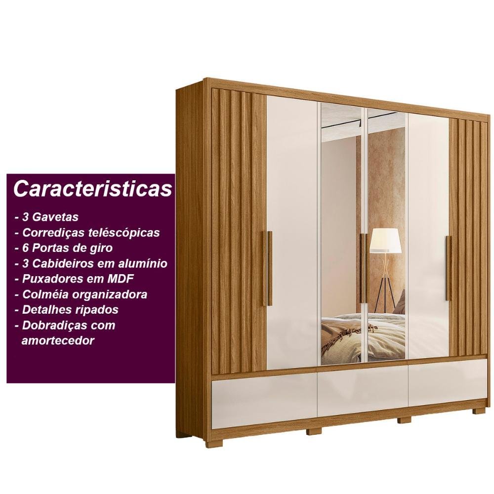 Guarda Roupa Casal 6 Portas com Espelho 3 Gavetas Amazonas - Freijó / Off White - 4