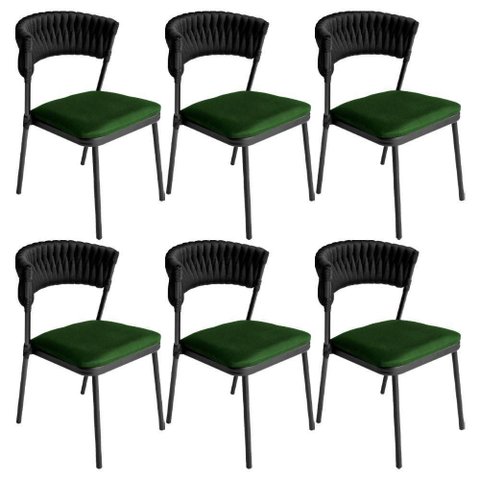 Kit 6 Cadeiras Nice Alumínio Tricô Náutico Assento Estofado Preto e Verde Acesse Móveis