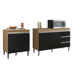 Kit Conjunto Balcão Andréia 100 Cm S/tampo + Balcão Cooktop para Cozinha:preto/amêndoa - 1