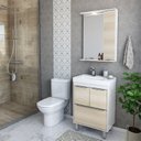 Ver imagem 1 de Armário Conjunto de Banheiro com Gabinete, Cuba e Espelheira LED Malibu 60 cm Branco/Legno Crema