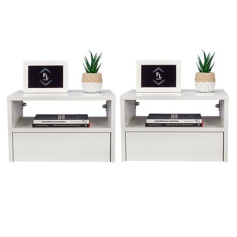 KIT 2 MESAS DE CABECEIRA SUSPENSA OFF WHITE COM 40 CM GAVETA EMBAIXO ENVIAMOS MONTADA