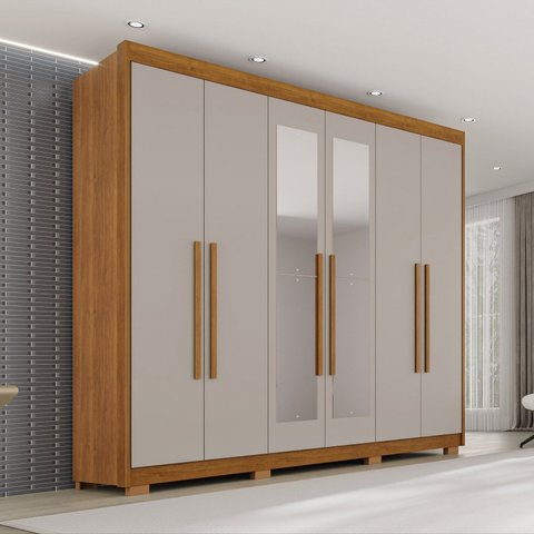 Guarda Roupa Casal com Pés e Espelho 6 Portas 6 Gavetas 100% MDF Itália Plus Off White/Cinamomo