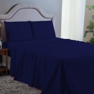 Jogo de Cama King 4 Pç Lençol + Fronhas Premium Micro Percal 400 Fios Liso Azul Marinho