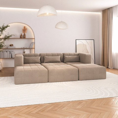 Sofá Modular Lugares e 3 puff EasyBoxCabeCasa MadeiraOriginals Marrom Taupe