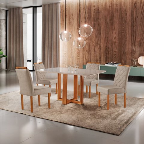 Conjunto Sala de Jantar 4 Lugares Dakota Mesa e 4 Cadeiras Madeira Maciça e Tecido Linho Areia