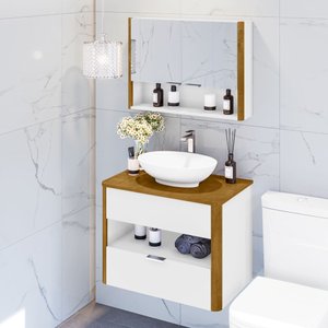 Kit Gabinete de Banheiro Santorini Ii com Espelheira e Cuba Branco/naturale