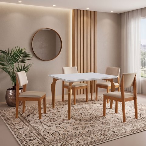 Conjunto Sala de Jantar Mesa Tampo Vidro/MDF com 4 Cadeiras Suede Marialice Cinamomo/Off White/Bege