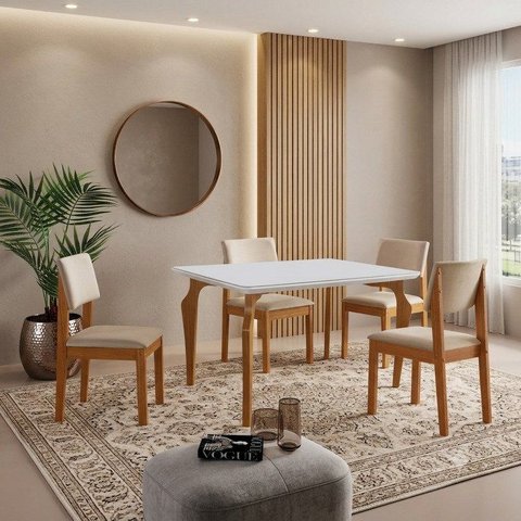 Conjunto Sala de Jantar Mesa Tampo Vidro/MDF com 4 Cadeiras Suede Marialice Cinamomo/Off White/Bege