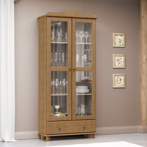 Cristaleira Vitrine Rústica 100% Madeira Maciça 2 Portas 1 Gaveta Linha Rubi Marrom/Freijó