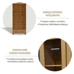 Cristaleira Vitrine Rústica 100% Madeira Maciça 2 Portas 1 Gaveta Linha Rubi - 10