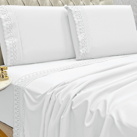 Jogo Cama Box King Size Lily 300 Fios Bordado Inglês Extra Macio:branco