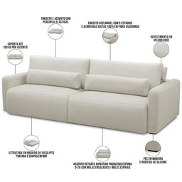 Sofá Retrátil Reclinável para Sala de Estar Living 210cm Sevilha F04 Veludo Bege - Lyam Decor - 4