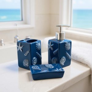 Kit de Banheiro 3 Peças Náutico Azul Marinho Conchas em Cerâmica