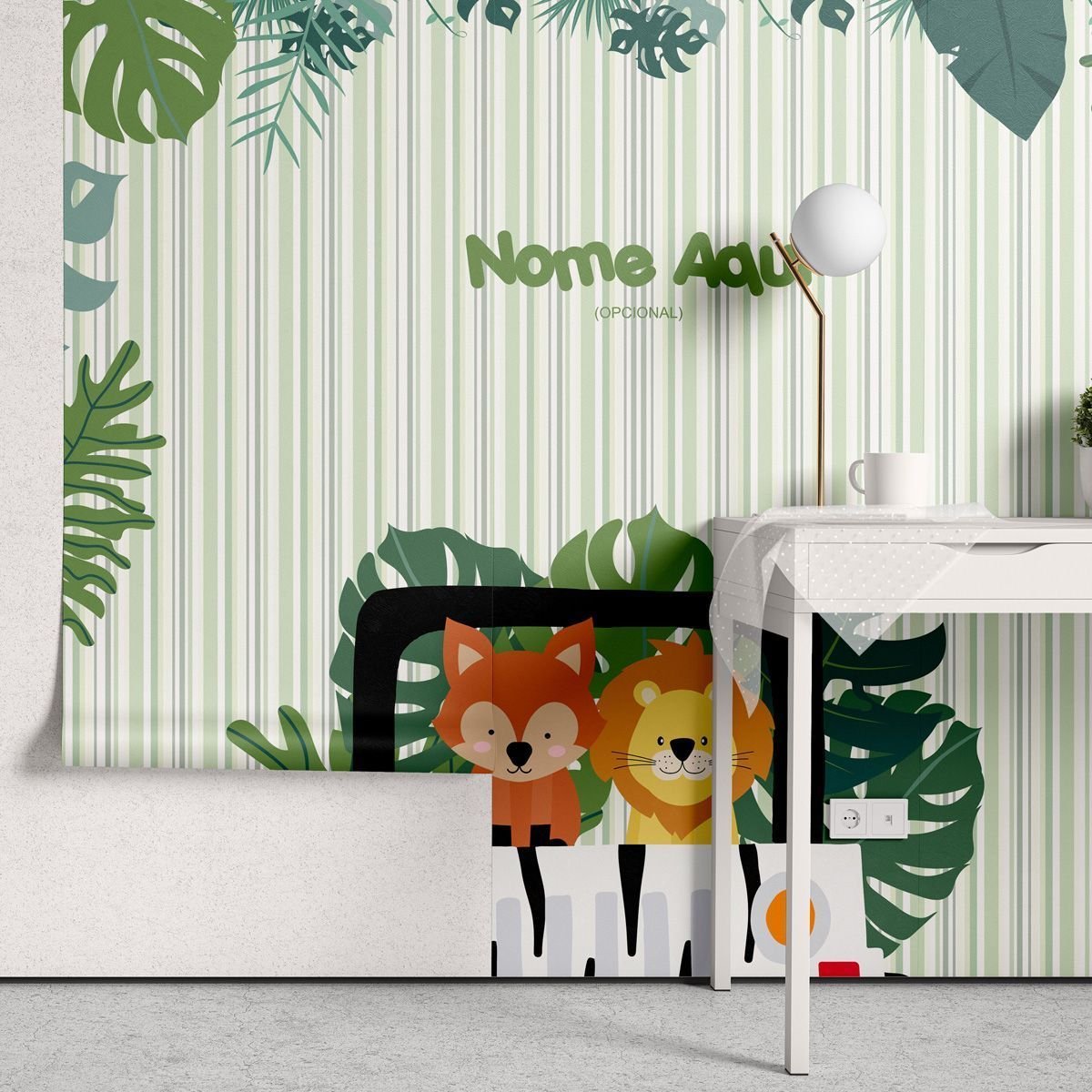 Papel de Parede Adesivo Menino Safari Jipe e Folhagem - Painel - 2