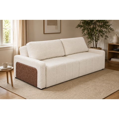 Sofá Cama Dublin 1,90m, Retrátil e Reclinável, Tecido Bouclé, Cru Molas Ensacadas, .