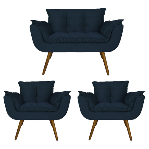 Conjunto Namoradeira e 2 Poltronas Estofadas Hall de Entrada Opala Suede Azul Marinho - LM DECOR