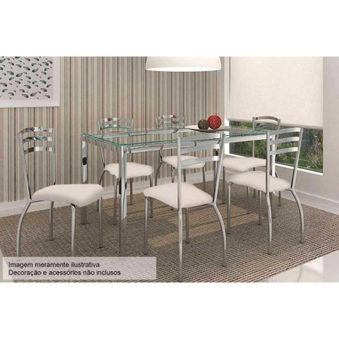 Conjunto: Mesa de Cozinha Reno c/ Tampo de Vidro 150cm + 6 Cadeiras Portugal Cromada/Nude -