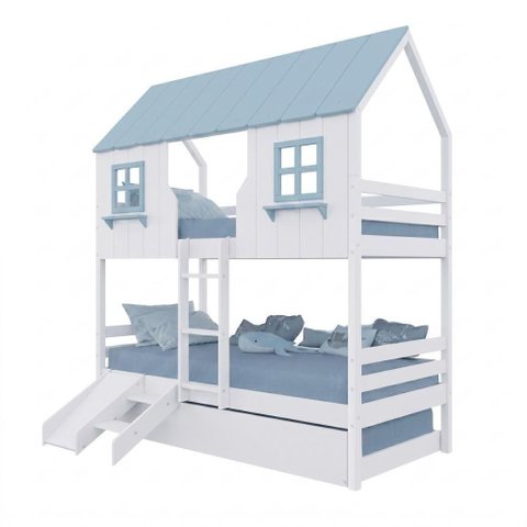 Treliche Casinha Encantada com Escorregador Madeira Maciça Branco e Azul Housin
