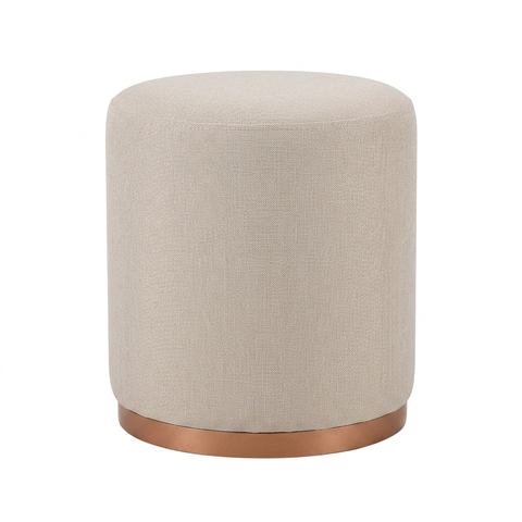 Puff Banqueta Decorativo com Base de Metal Ferro e Tecido em Linho Bege Cinza - Bege/Bronze