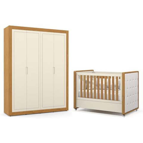 Jogo de Quarto Infantil Tutto New Guarda Roupa 4 Portas e Berço Off White/freijó com Capitonê -