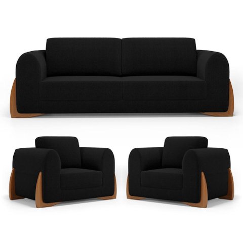Kit 02 Poltronas e 01 Sofá Bloom 160cm 02 Lugares com Pés de Madeira Bouclê Preto - Desk Design