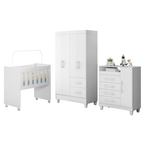 Kit Quarto Bebê Berço Moises com Colchão Cômoda Premium e Guarda Roupa Moderno Quarto Cor Branco