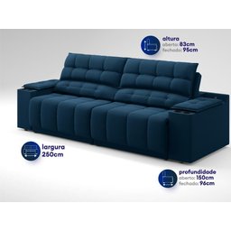 Sofá com Porta Copos Carregador USB Ret Rec Samurai 2,50m Velosuede Petróleo - NETSOFAS - 3