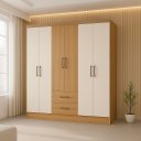 Ver imagem 6 de Guarda-Roupa Casal 6 Portas 2 Gavetas 8 Prateleiras 1 Cabideiro California Branco/Freijó/Off
