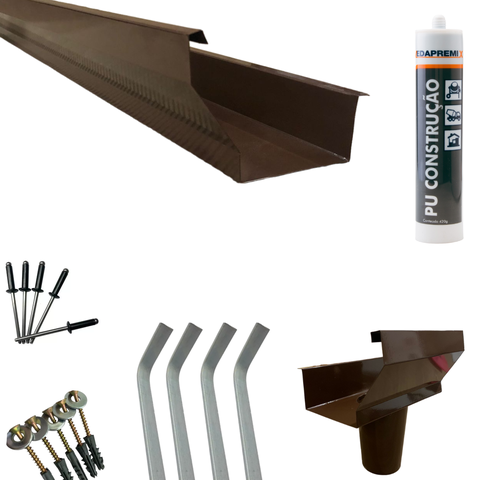 Kit 3,80 Metros Calha Beiral Galv. Marrom com Bico 75mm e Acessórios para Instalação