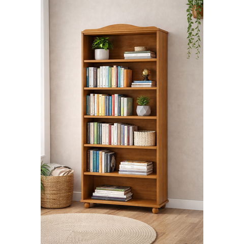 Estante para Livros Rústica 100% Madeira Maciça 5 Prateleiras Escritório e Sala Pés em Madeira Maciça Linha Rubi