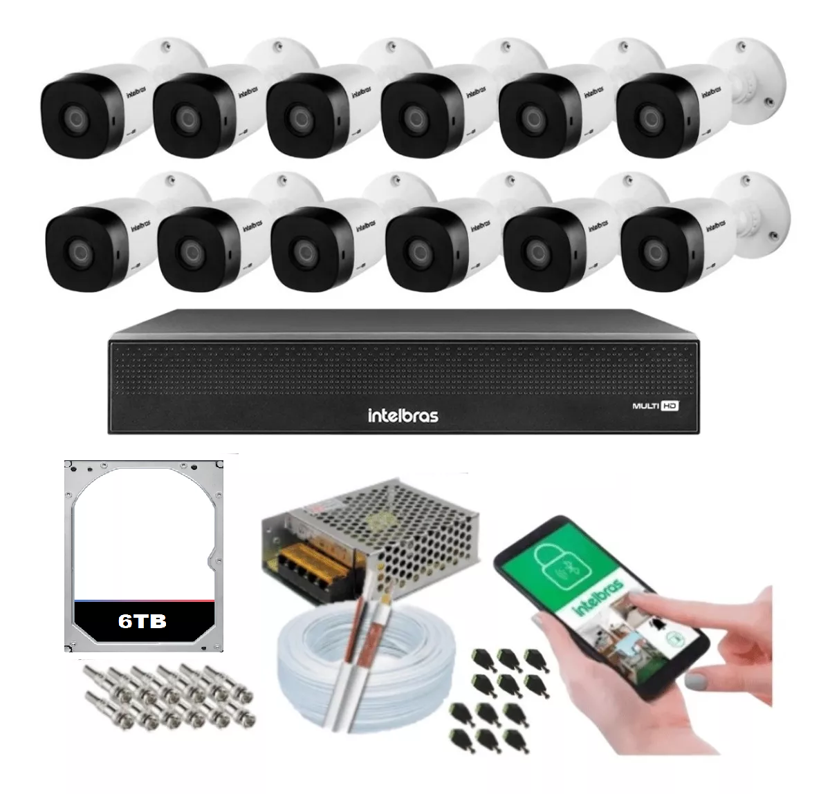 Kit 12 Câmeras Segurança Intelbras 1120b Dvr 16 Canais Mhdx 6tb