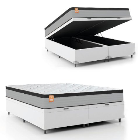 Cama Box Baú Colchão Casal Queen Molas Ensacadas Real 158x198x68cm Linho Branco / Preto Inducol