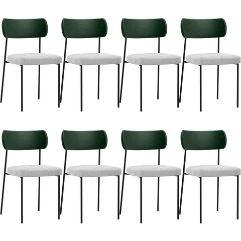 Kit 08 Cadeiras Estofadas para Sala de Jantar Melina L02 Facto Verde Musgo Bouclê Cinza - Lyam Decor