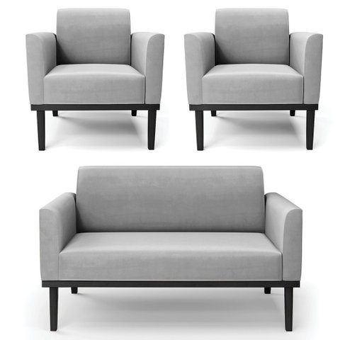 Sofá Namoradeira e 2 Poltronas Base Madeira Preto Maressa Suede Cinza - Ibiza
