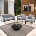 Ver imagem 2 de Sofá Namoradeira e 2 Poltronas Base Madeira Preto Maressa Suede Cinza - Ibiza