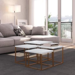 Kit com 4 Mesas de Centro Cube Industrial - Branco/cobre - 1