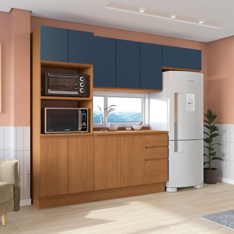 Cozinha Compacta Modulada 4 Peças com Tampo e Torre Quente Ciela Azul/Canela