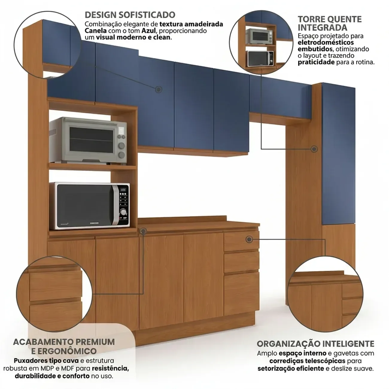 Ver imagem 6 de Cozinha Completa Modulada 7 Peças com Paneleiro Torre Quente e Balcão com Tampo Ciela Canela/Azul