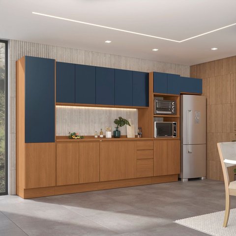 Cozinha Completa Modulada 7 Peças com Tampo Torre Quente e Paneleiro Ciela Azul/Canela