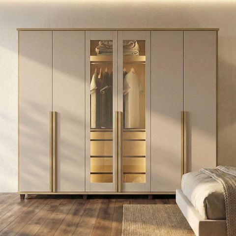 Guarda Roupa Belgica Reflecta 6 Portas com Vidro 3 Gavetas Nichos Prateleiras - Cinamomo/off-white