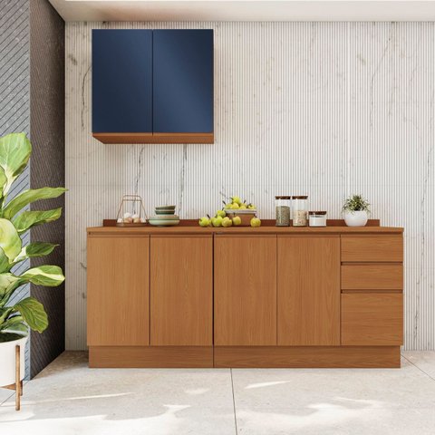 Cozinha Compacta Modulada 3 Peças com Tampo Ciela Azul/Canela
