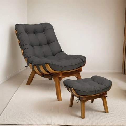 Kit Poltrona e Puff com Base de Madeira Suede Costela Cinza Chumbo