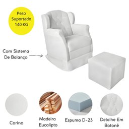 Poltrona Amamentação Cadeira Reforçada Balanço e Puff Lile Corino:branco - 4 Poltrona Amamentação Cadeira Reforçada Balanço e Puff Lile Corino:branco - 4