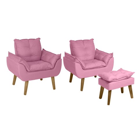 Kit 02 Poltrona/cadeira Decorativa e Puff Glamour Opala com Pés Quadrado Rosê