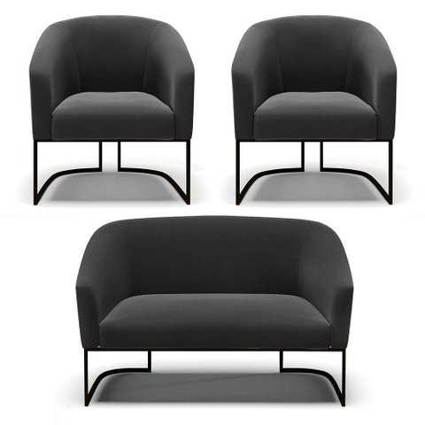 Sofá Namoradeira e 2 Poltronas Base Industrial Preto Stella Suede D03 - D'Rossi Cor Preto